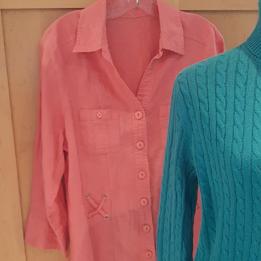 Sz M/L❤2 BDL Lands' End Tourquise Cable Knit Sweater➕Women's Coral Utility Shirt